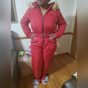 Red Quilted Snowsuit with Belt